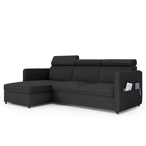 Ecksofa Beni mit Schlaffunktion Sofa mit Relaxfunktion und Kopfstützen Couch Sofa mit Schlaffunktion und Bettkasten Schlafsofa Polsterecke Couchgarnitur Ecke Bettcouch - Universal (Poso 135 Schwarz) von GREKPOL