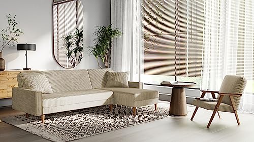 GREKPOL Ecksofa Lila Cord Stoff Poso Couch Sofa mit Schlaffunktion und Bettkasten Schlafsofa Polsterecke Couchgarnitur Ecke Bettcouch - Universal Universal (Poso 100 Beige) von GREKPOL