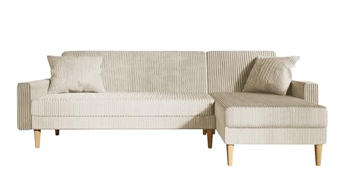 GREKPOL Ecksofa Lila Cord Stoff Poso Couch Sofa mit Schlaffunktion und Bettkasten Schlafsofa Polsterecke Couchgarnitur Ecke Bettcouch - Universal Universal (Poso 100 Beige) von GREKPOL