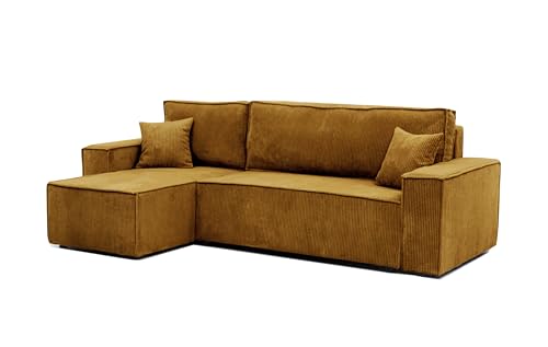 GREKPOL Ecksofa Paris Cord Stoff Poso Couch Sofa mit Schlaffunktion und Bettkasten Schlafsofa Polsterecke Couchgarnitur Ecke Bettcouch - Universal (Poso 01 Senfgelb) von GREKPOL