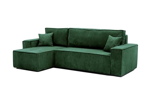 GREKPOL Ecksofa Paris Cord Stoff Poso Couch Sofa mit Schlaffunktion und Bettkasten Schlafsofa Polsterecke Couchgarnitur Ecke Bettcouch - Universal (Poso 14 Dunkelgrün) von GREKPOL