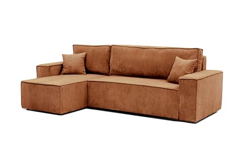 GREKPOL Ecksofa Paris Cord Stoff Poso Couch Sofa mit Schlaffunktion und Bettkasten Schlafsofa Polsterecke Couchgarnitur Ecke Bettcouch - Universal (Poso 40 Ziegelrot) von GREKPOL