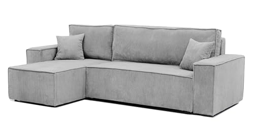 GREKPOL Ecksofa Paris Cord Stoff Poso Couch Sofa mit Schlaffunktion und Bettkasten Schlafsofa Polsterecke Couchgarnitur Ecke Bettcouch - Universal (Hellgrau) von GREKPOL