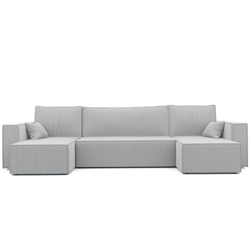 GREKPOL Ecksofa Paris U Cord Stoff Poso Couch Sofa mit Schlaffunktion und Bettkasten Schlafsofa Polsterecke Couchgarnitur Ecke Bettcouch Big Couch (Hellgrau Poso 110) von GREKPOL