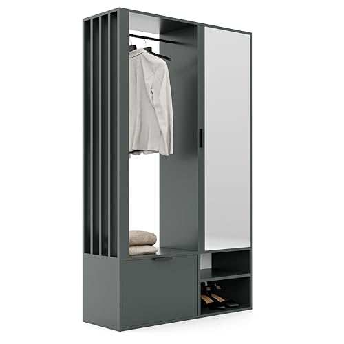 GREKPOL Garderobenschrank Star Schrank Garderobe mit Spiegel Garderobenregal mit Schuhschrank Kleiderstange für Flur Wohnzimmer Schlafzimmer Universal (Greenstone) von GREKPOL