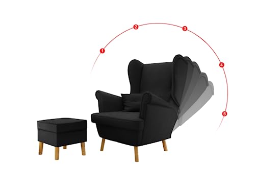 GREKPOL Ohrensessel Classic mit Hocker Relaxliege Fernsehsessel verstellbare Rückenlehne (Glatt, Falcone Black) von GREKPOL