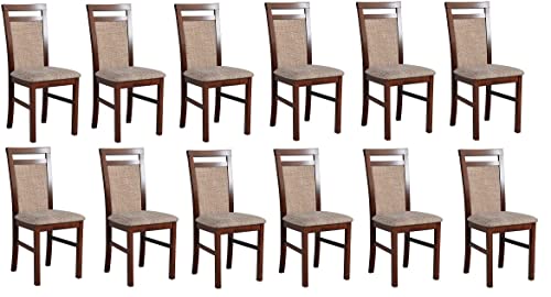 GREKPOL - Set 12 aus Esszimmerstühlen, Sitz und Rückenlehne gepolsterter Stoff Velurs Stuhlen, Polsterstuhl mit hoher Rückenlehne, Massivholzbeine -Milano 5 (Nuss+Stoffe Beige 15, 12-Er Set) von GREKPOL