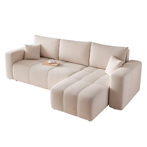 GREKPOL Sofa mit Schlaffunktion 145x248 - Creme Ecksofa mit Schlaffunktion und Bettkasten - Sofa 3 Sitzer - Schlafsofa - Couch - Schlafsofa mit Bettkasten von GREKPOL