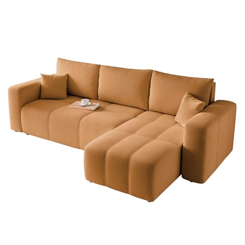 GREKPOL Sofa mit Schlaffunktion 145x248 - Senfgelb Ecksofa mit Schlaffunktion und Bettkasten - Sofa 3 Sitzer - Schlafsofa - Couch - Schlafsofa mit Bettkasten von GREKPOL