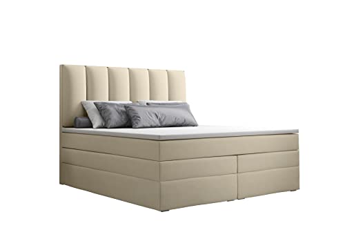 Grekpol- Boxspringbett mit Bonell und Taschenfederkern-Matratze H3 (2x18 cm) und Topper 5 cm, Polsterbett mit Bettkasten -Long Duo (Beige (Riviera 21), 140x200 cm) von GREKPOL