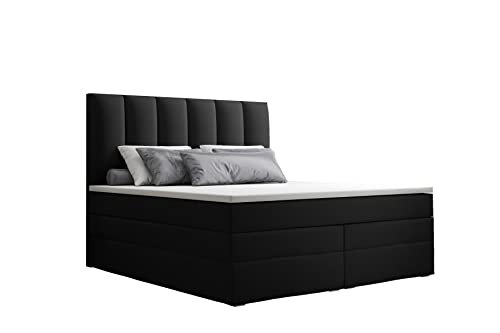 Grekpol- Boxspringbett mit Bonell und Taschenfederkern-Matratze H3 (2x18 cm) und Topper 5 cm, Polsterbett mit Bettkasten -Long Duo (Schwarz (Madryt 9100), 140x200 cm) von GREKPOL