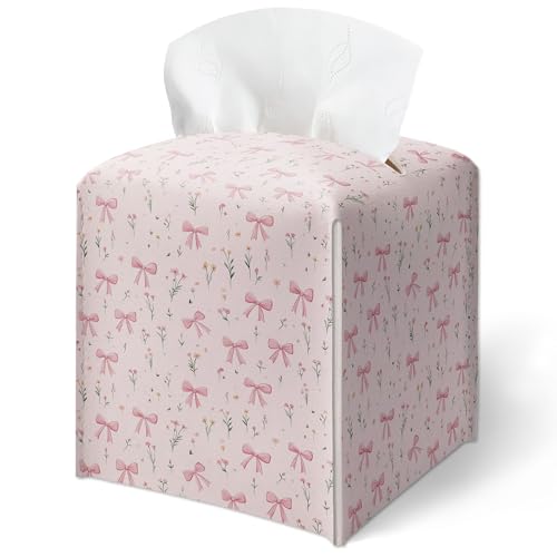 A24 Taschentuchbox-Abdeckung, rosa Schleifen mit kleinen Blumen, niedlicher Blumendruck, quadratisch, wasserdicht, Leder, Schreibtisch-Dekoration für Küche, Bad, Nachttisch, Büro, Geschenk für Frauen A24 Taschentuchbox-Abdeckung, rosa Schleifen mit kleinen Blumen, niedlicher Blumendruck, quadratisch, wasserdicht, Leder, Schreibtisch-Dekoration für Küche, Bad, Nachttisch, Büro, Geschenk für Frauen von GREOXG