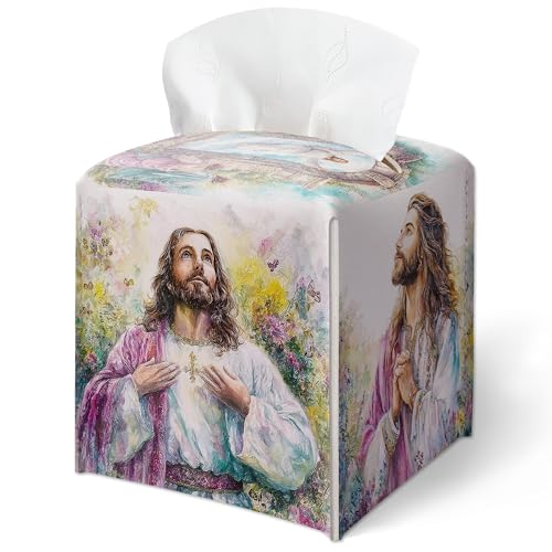 Bunte christliche Taschentuchbox-Abdeckung, Jesus-Aquarell-Muster, quadratisch, wasserdicht, Leder, Tischdekoration für Wohnzimmer, Büro, ästhetische Heimdekoration, Geschenk für Frauen und Freunde Bunte christliche Taschentuchbox-Abdeckung, Jesus-Aquarell-Muster, quadratisch, wasserdicht, Leder, Tischdekoration für Wohnzimmer, Büro, ästhetische Heimdekoration, Geschenk für Frauen und Freunde von GREOXG