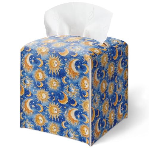 Space Galaxy Taschentuchbox-Abdeckung, himmlisches blau-gelbes Muster, quadratisch, wasserdicht, Leder, Desktop-Dekor für Wohnzimmer, Schminktisch, Büro, ästhetische Heimdekoration, Geschenk für von GREOXG