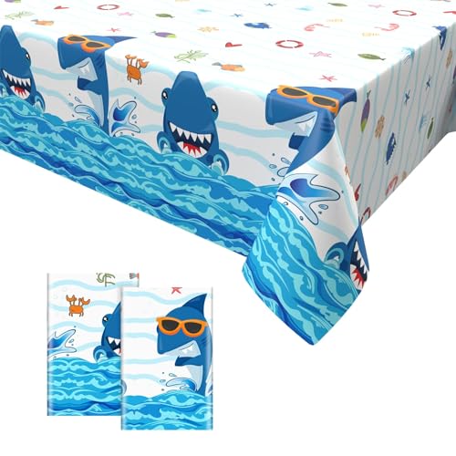 2PCS Unter dem Meer Tischdecken,Ozean Tiere Hai Party Tischtuch Plastik Wasserdicht Einweg Tischdecke für Ozean Geburtstag Jubiläum Party Supplies 137 x 274cm von GRESATEK