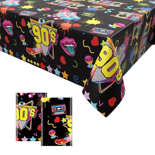 GRESATEK 2PCS 90er Party Tischdecken,90er Geburtstags Party Tischdecke Dekorationen Einweg Plastik Wasserdicht Tischdecke Hip Hop Themen Party Deko für 1990er Jahre Themen Party 137 x 274cm von GRESATEK