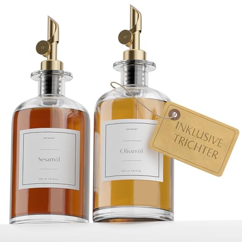 Greymount ® Ölspender Set - 2er Pack 500ml Ölflasche aus Glas mit Ausgießer Gold für Olivenöl, Essig und mehr | Auslaufsicher und Tropffrei | Inklusive 27 Etiketten und Trichter von Greymount