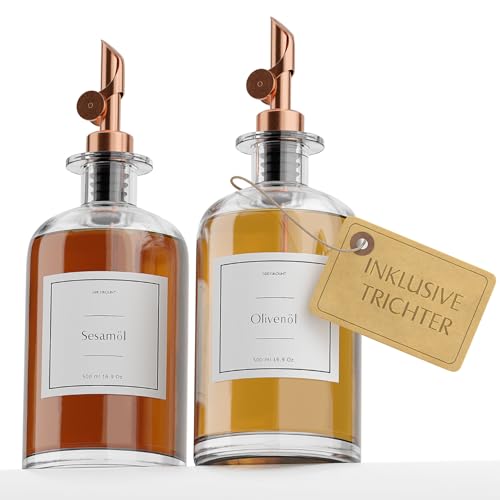 Greymount ® Ölspender Set - 2er Pack 500ml Ölflasche aus Glas mit Ausgießer Rose Gold für Olivenöl, Essig und mehr | Auslaufsicher und Tropffrei | Inklusive 27 Etiketten und Trichter von Greymount