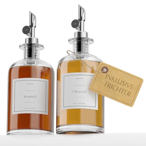 Greymount ® Ölspender Set - 2er Pack 500ml Ölflasche aus Glas mit Ausgießer Silber für Olivenöl, Essig und mehr | Auslaufsicher und Tropffrei | Inklusive 27 Etiketten und Trichter von Greymount