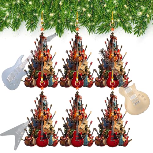 GRFFZX Rockin' Around The Guitar-Christbaumschmuck – Rockin Around The Christmas Tree, 2D-Weihnachtsschmuck aus hochwertigem Acryl mit Gitarre, Weihnachtsschmuck mit Gitarre als Geschenk (6PCS) von GRFFZX