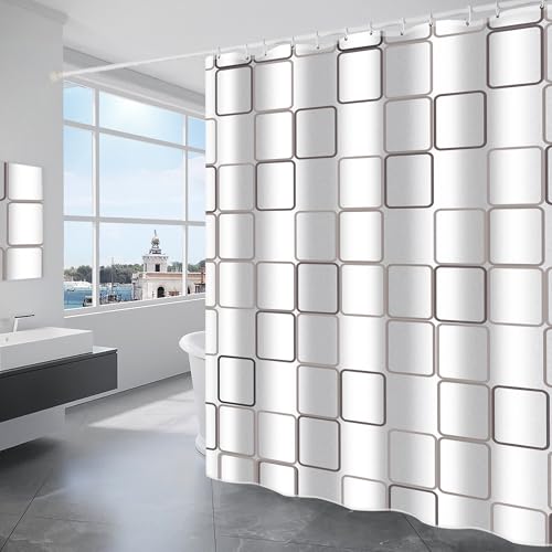 GRICOL Duschvorhang Wasserdicht Badvorhang aus Polyester Stoff Waschbar Bad Vorhang mit 12 Ringe für Dusche und Badewanne 180 x 180 cm Weiß Karo von GRICOL