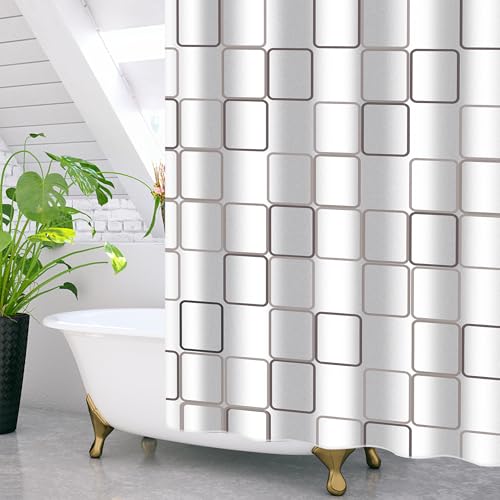GRICOL Duschvorhang Wasserdicht Badvorhang aus Polyester Stoff Waschbar Bad Vorhang mit 12 Ringe für Dusche und Badewanne 240 x 200 cm Weiß Karo von GRICOL