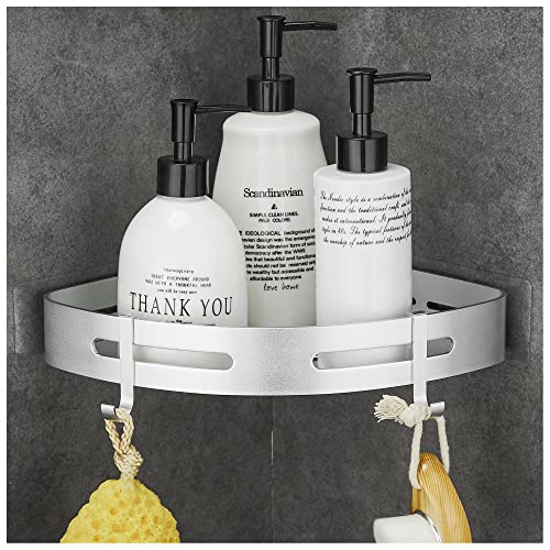 GRICOL Eckablage Duschkorb Duschregal ohne Bohren Duschablage Space Aluminum mit 2 Haken Dusche Ablage Badregal mit Aufkleber Badezimmerregal für Bad und Küche Silber von GRICOL