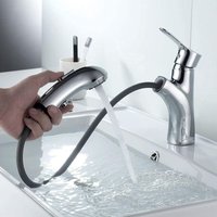 Badarmatur mit ausziehbarer Brause, Waschbecken-Mischbatterie aus verchromtem Messing und zwei Wasserdurchflussmodi für Waschbecken, heiß und kalt Badarmatur mit ausziehbarer Brause, Waschbecken-Mischbatterie aus verchromtem Messing und zwei Wasserdurchflussmodi für Waschbecken, heiß und kalt von GRID COOL