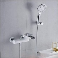 Wasserfall-Badewannenarmatur Badewannenmischer mit 3 Jets Handbrause, Weiß und Chrom, Wandmontage, Messing-Duschmischer, Einhand-Duscharmatur Wasserfall-Badewannenarmatur Badewannenmischer mit 3 Jets Handbrause, Weiß und Chrom, Wandmontage, Messing-Duschmischer, Einhand-Duscharmatur von GRID COOL