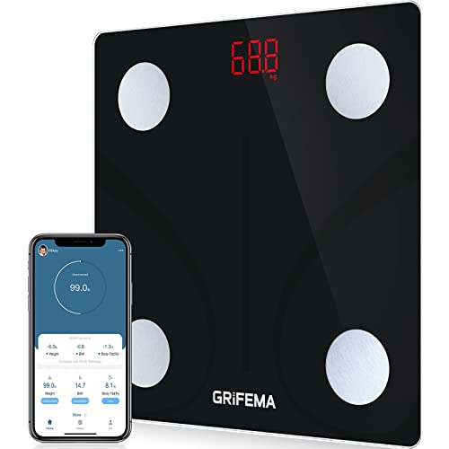 GRIFEMA Digitale Personenwaage, Waage mit Körperfett und Muskelmasse, Bluetooth Körperfettwaage mit App, für BMI, Protein, Schwarz [Exklusiv bei Amazon] von GRIFEMA