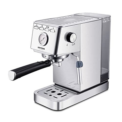 GRIFEMA GC3003 Kaffeevollautomaten, Siebträgermaschine mit Mahlwerk, 20bar Espresso Machine mit Entnehmbare Brühgruppeund 1,4L Wassertank, 20 cm Breite, 1350 Watt, Silber von GRIFEMA