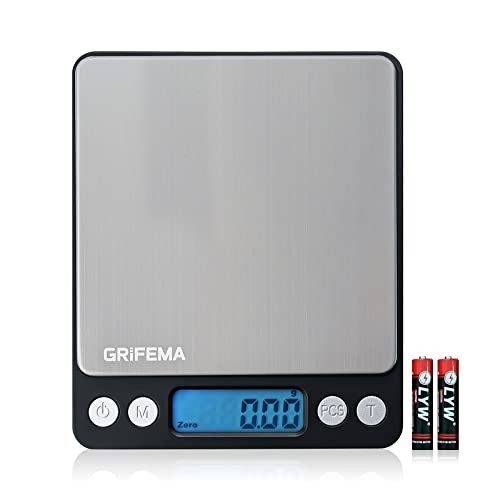 GRIFEMA Küchenwaage Digitale Profi (Hochpräzise 0.01g-500g)- Feinwaage mit LCD Display und 2 Batterien, Briefwaage Abstellautomatik und Tara, Kitchen Scale Klein mit 6 Maßeinheit von GRIFEMA