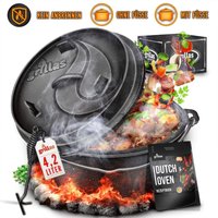 grillas® Dutch Oven Set 13,6 Liter / Topf ohne Füße Deckelheber BBQ Gusseisen Feuertopf Gusstopf Schmortopf von GRILLAS