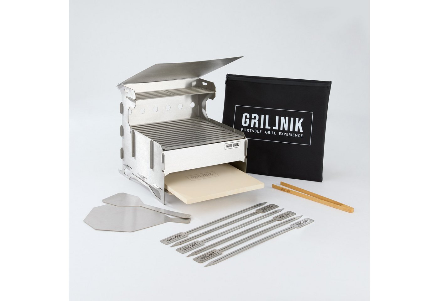 GRILLNIK Holzkohlegrill Edelstahlgrill Pro 30×30 cm–Outdoorgrill mit Ofenfunktion & Pizzastein, Kompakt, robust, modular – Pizzastein inklusive von GRILLNIK