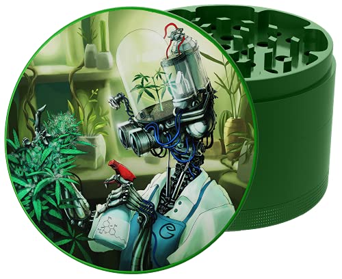 GRINDNATION Premium Design Grinder Crusher 'ROBOTER' | Green | ø 63mm groß | messerscharfes Mahlwerk | Starker Magnet | 4-teilig | Set inkl. Beutel, Schaber & Pinsel von GRINDNATION