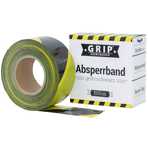 GRIP Eventbasics Absperrband schwarz-gelb gestreift | 500 m x 70 mm, nicht klebend | LDPE-Flatterband im praktischen Abrollkarton | Markierungsband für Gefahrenbereiche, Baustellenabsperrungen von GRIP Eventbasics