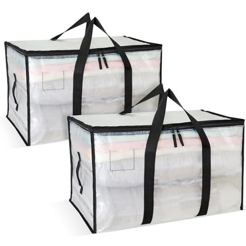 Aufbewahrungstasche Große 2er-Pack 92L Umzugstaschen Unterbett Aufbewahrungsbox mit Reißverschlüssen und Griff Wasserdicht Transparent für Umzüge und zur Aufbewahrung von Kleidung von GRKJGytech