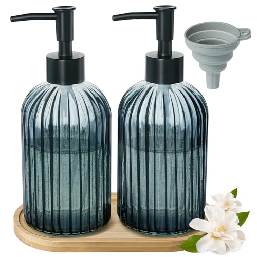 Glas Seifenspender Set, Blau Schwarz Soap Dispenser mit Tablett Küche Spülmittelspender für Handseife Seife Lotion Badezimmer von GRKJGytech