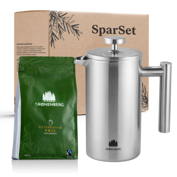 GROENENBERG Kaffee Spar Set 1 | Bio Kaffeebohnen o. Pulver (250g) + French Press (3 Größen) von GROENENBERG