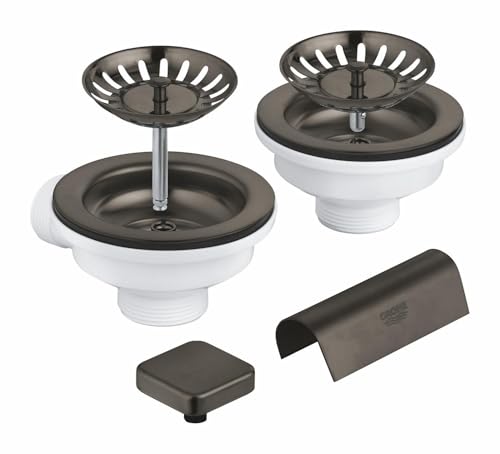 GROHE Ablaufgarnitur für Zweibecken Küchenspüle (1 Zugstangen-Ablaufgarnitur mit quadratischem Fernbedienungsknopf und 1 Handablauf, Überlaufabdeckung und 2 Korbsieb), Anthrazit gebürstet, 40999AL0 von GROHE