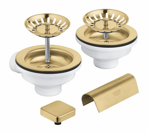 GROHE Ablaufgarnitur für Zweibecken-Küchenspüle (1 Zugstangen-Ablaufgarnitur mit quadratischem Fernbedienungsknopf und 1 Handablauf, Überlaufabdeckung und 2 Korbsieb), Gold gebürstet, 40999GN0 von GROHE