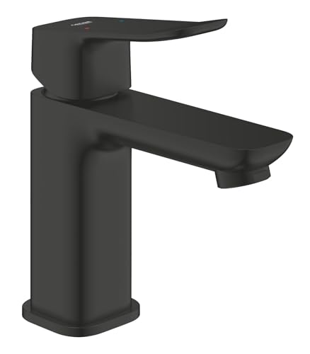 GROHE Dice, Waschtischarmatur, wassersparend (Wasserhahn für das Bad, Badarmatur mit Push-Open Ablauf, 15cm hoch, mit 3in1 Werkzeug, einfache Installation am Waschbecken), mattschwarz, 1018572430 von GROHE