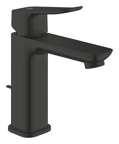 GROHE Dice, Waschtischarmatur, wassersparend (Wasserhahn für das Bad, Badarmatur mit Zugstangen-Ablauf, 17cm hoch, mit 3in1 Werkzeug, einfache Installation am Waschbecken), mattschwarz, 1018322430 von GROHE