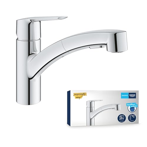 GROHE Start, Küchenarmatur für Vor-Fenster-Montage, 2 Strahlarten (Wasserhahn Küchen mit herausziehbarer Brause, 90° schwenkbar, wassersparend, werkzeugfreie Montage), chrom, 1012410000 von GROHE