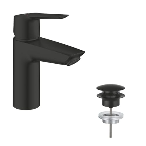 GROHE Start, Waschtischarmatur wassersparend (Wasserhahn für das Bad, Badarmatur mit Pop-Up Ablauf, 17cm hoch, mit 3in1 Werkzeug, einfache Installation am Waschbecken), schwarz, 235502432 von GROHE