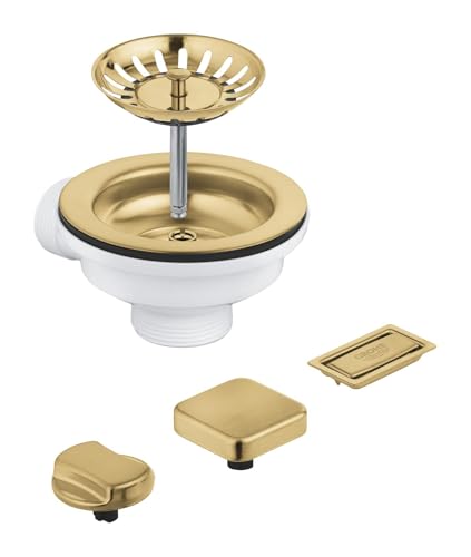 GROHE Zugstangen-Ablaufgarnitur für 1-Becken Küchenspüle (mit 2 Fernbedienungsknöpfen: rund & eckig, Überlaufabdeckung und Korbsieb), Gold gebürstet, 40996GN0 von GROHE