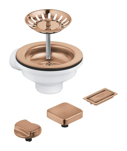 GROHE Zugstangen-Ablaufgarnitur für 1-Becken Küchenspüle (mit 2 Fernbedienungsknöpfen: rund & eckig, Überlaufabdeckung und Korbsieb), gebürstetes Roségold, 40996DL0 von GROHE