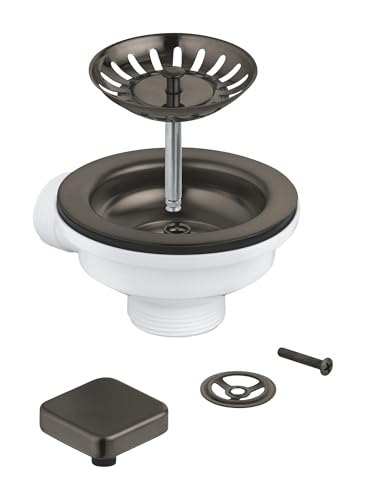 GROHE Zugstangen-Ablaufgarnitur für Einbecken-Küchenspüle (1 eckiger Fernbedienungsknopf, Überlaufrahmen und Siebstopfen), Anthrazit gebürstet, 40400AL0 von GROHE
