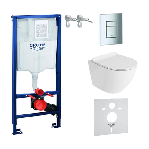 Grohe Vorwandelement inkl. Drückerplatte chrom + Lavita Wand WC Sofi ohne Spülrand + WC-Sitz mit Soft-Close-Absenkautomatik + Wand-Halter-Set von GROHE