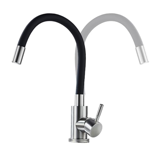 Flexibler Wasserhahn Küche aus Edelstahl, Normaldruck Armatur küche, Spültischarmatur 360° Drehbar, Einhebel Spültischarmatur Küche mit Hohem Bogen, Küchenamatur mit Aerator (Silber + Schwarz) von GROHPF
